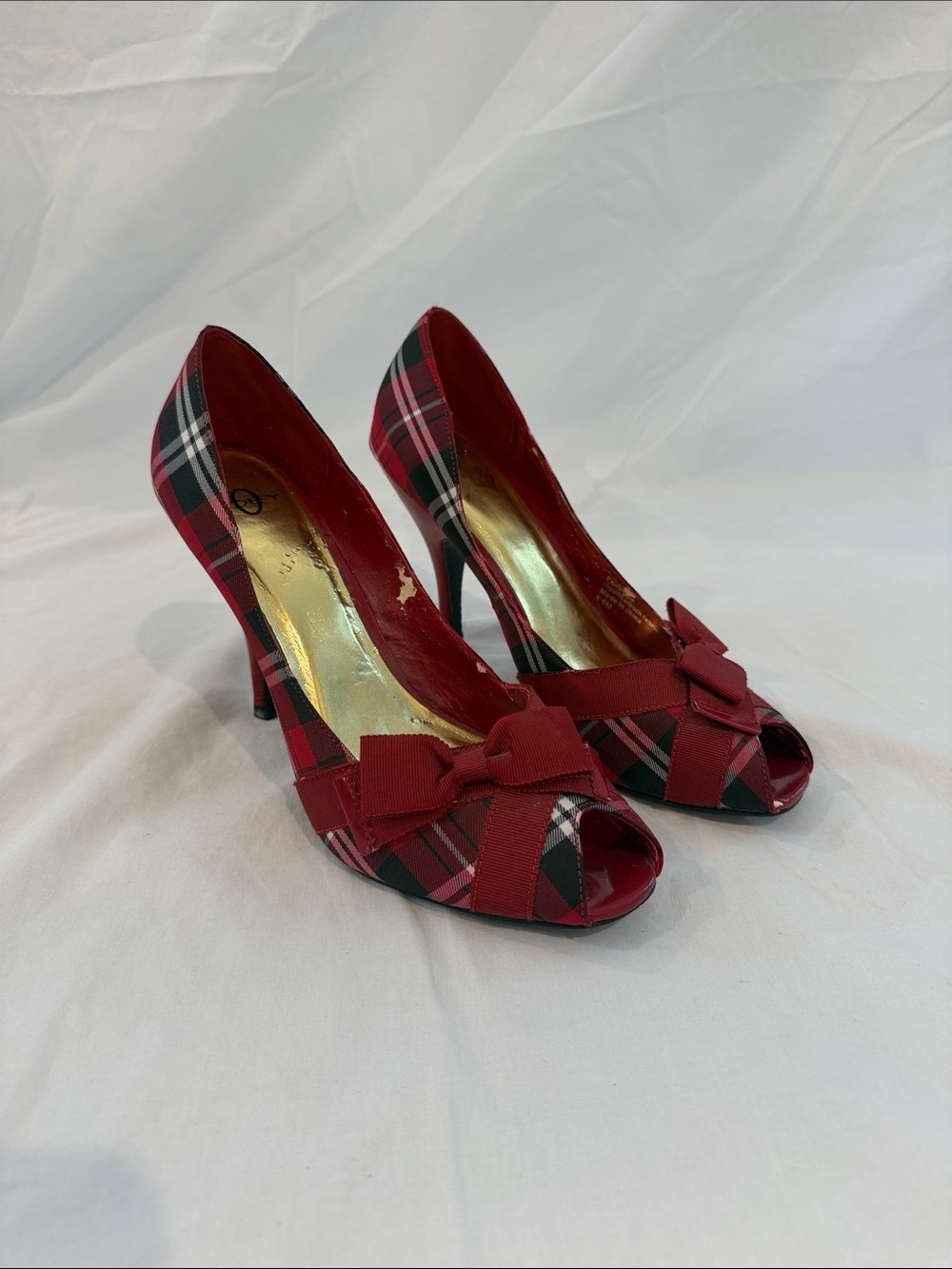 Joey Red Plaid Peep-Toe Heels with Bow Accent